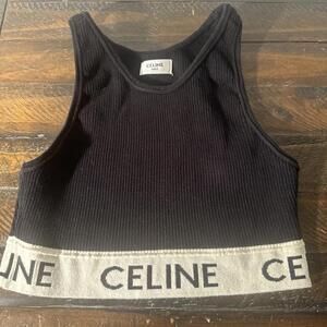 Celine Black Rib Knit Logo Detail Crop Tank Top